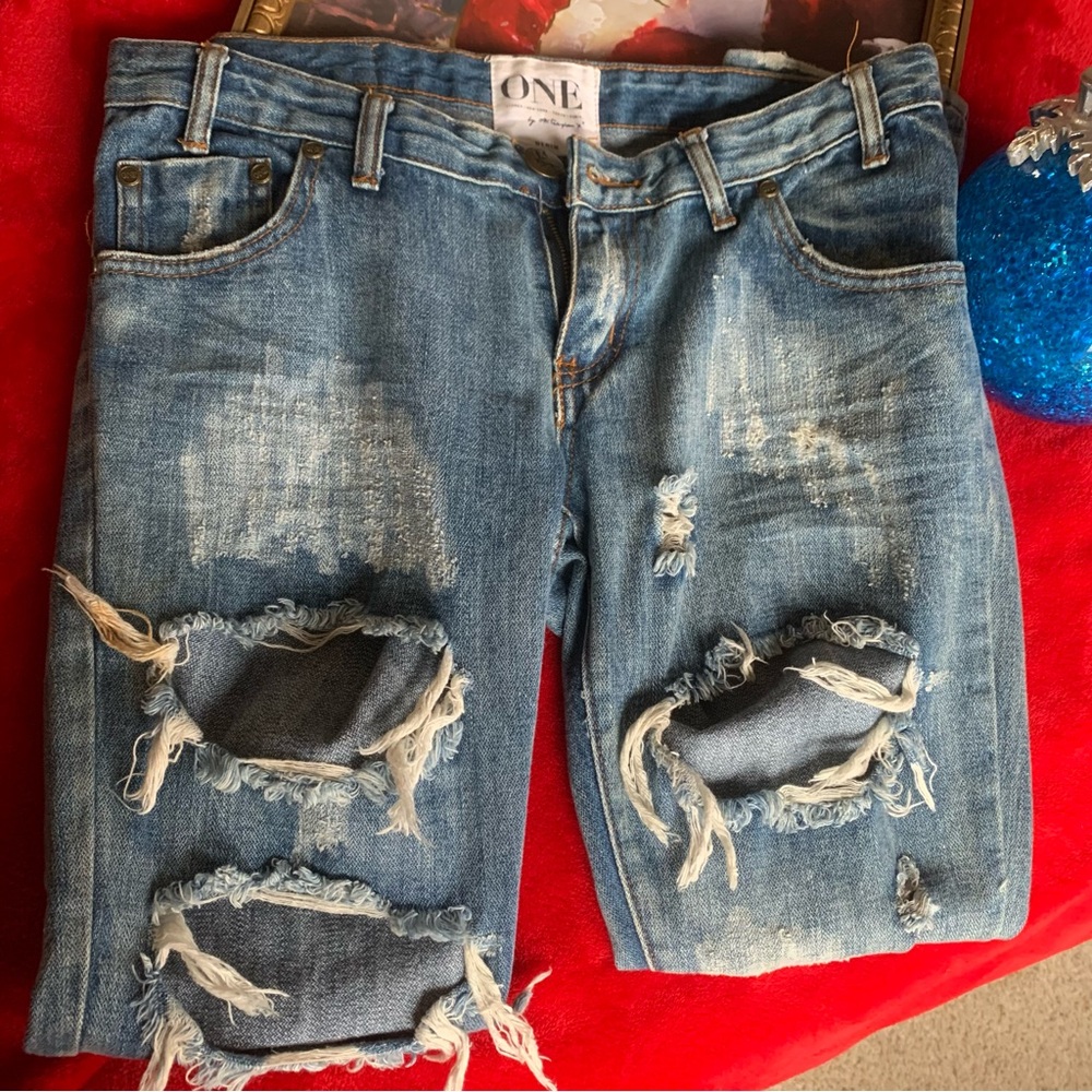 Y2K One Teaspoon Trashed Free Birds Jeans Size 26 Medium Wash Distressed Jeans